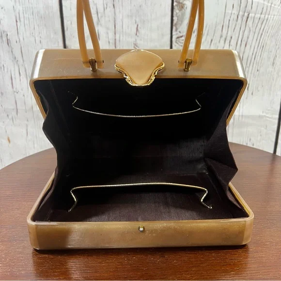 Retro Vintage Taupe Acrylic Box Bag with Gold Filigree - Picture 9 of 13